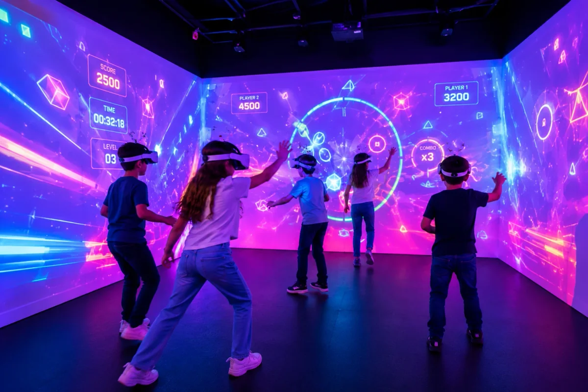 Immersive digital game room in Shoreditch with neon projections and team-based birthday challenges | Partyfer