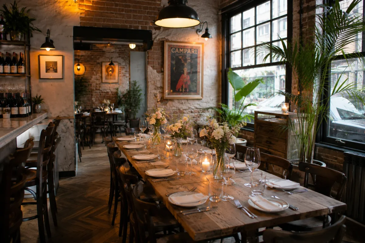 Characterful engagement party restaurant setting with warm lighting, flowers and a prepared group table | Partyfer