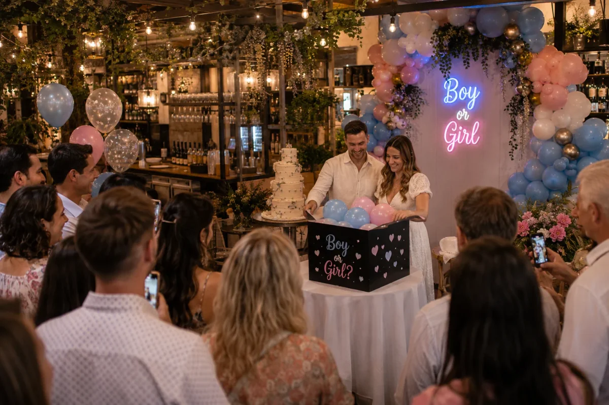 Bright, family-friendly gender reveal celebration in a colourful restaurant setting | Partyfer
