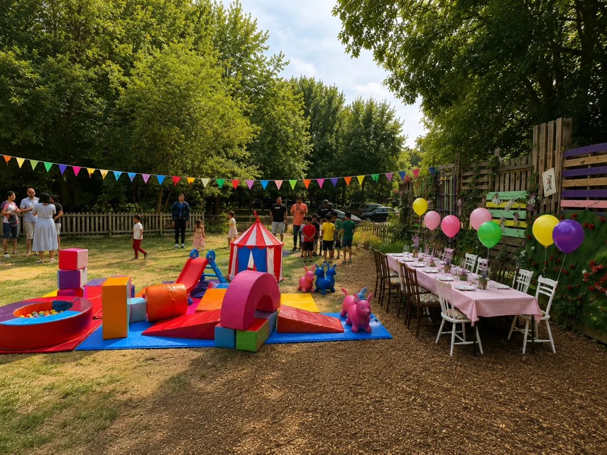 Outdoor soft play and garden birthday setup near Lower Clapton | Partyfer