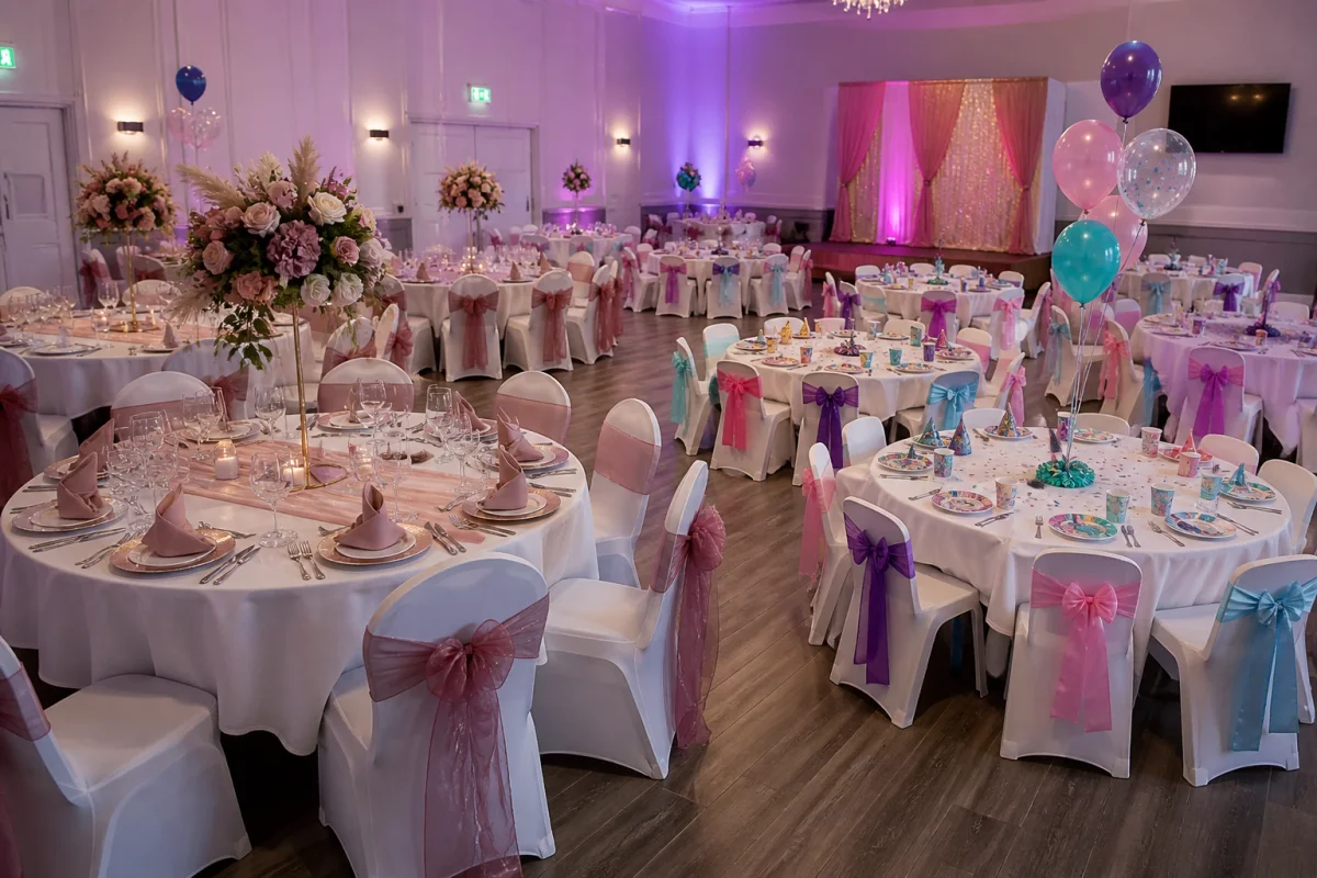 Larger formal party hall in London with separate table setups for adults and children | Partyfer