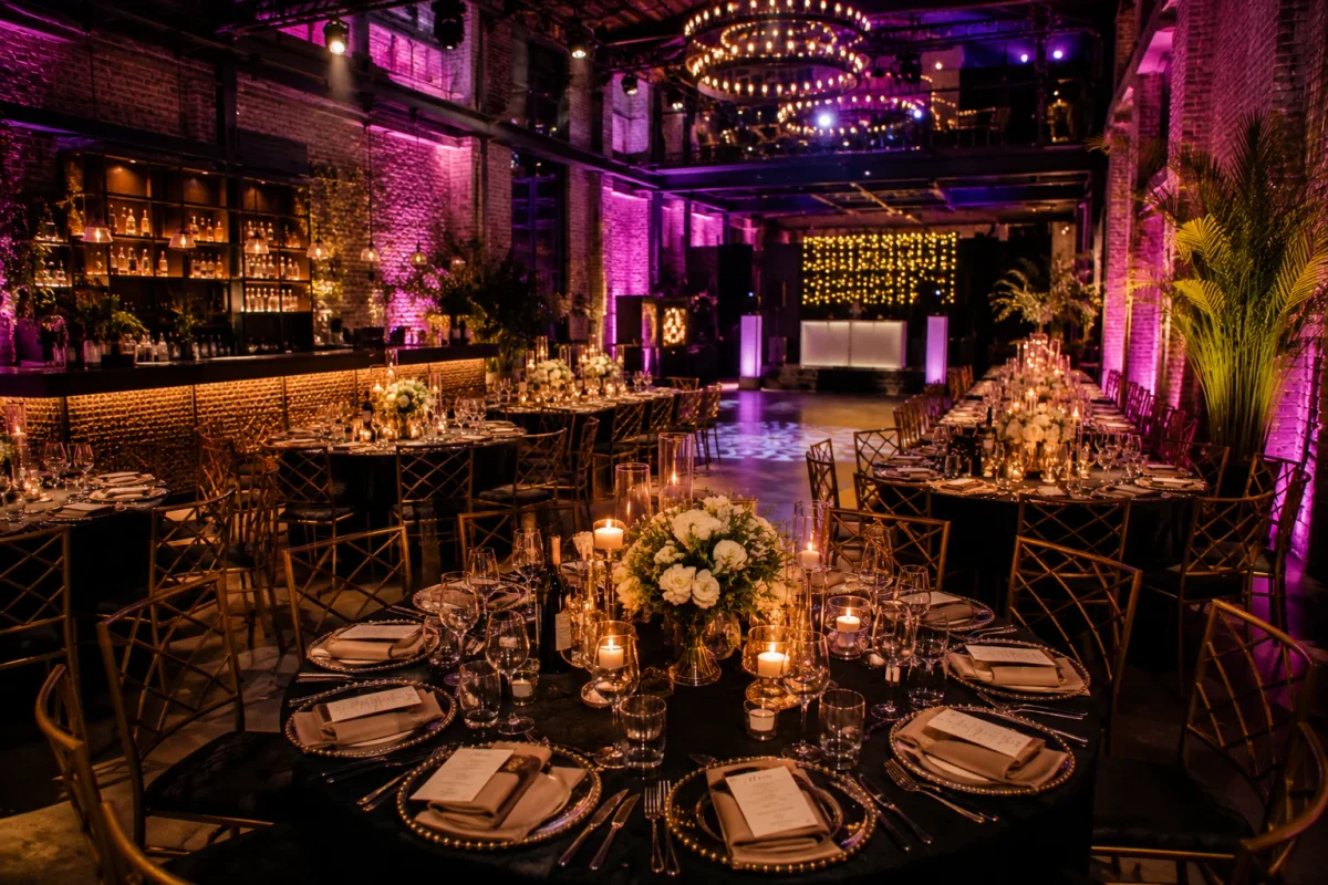 Statement hen do venue with dramatic lighting, private dining setup and event-space atmosphere | Partyfer