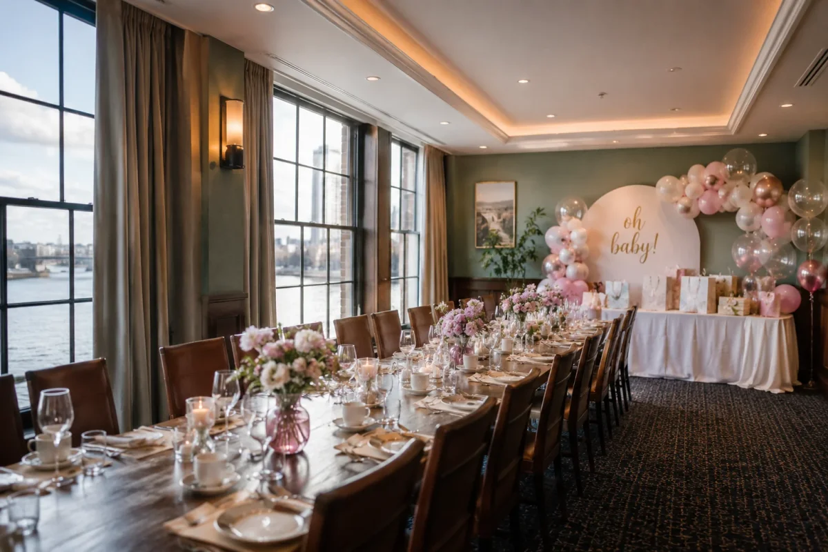 Structured baby shower venue with private dining setup, river views and space for gifts | Partyfer