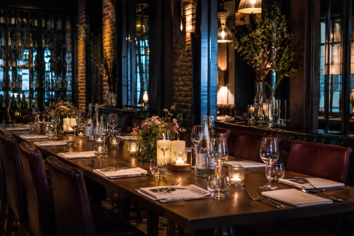 Engagement party dinner setup in a warm London restaurant with natural candlelight and no staged signage | Partyfer