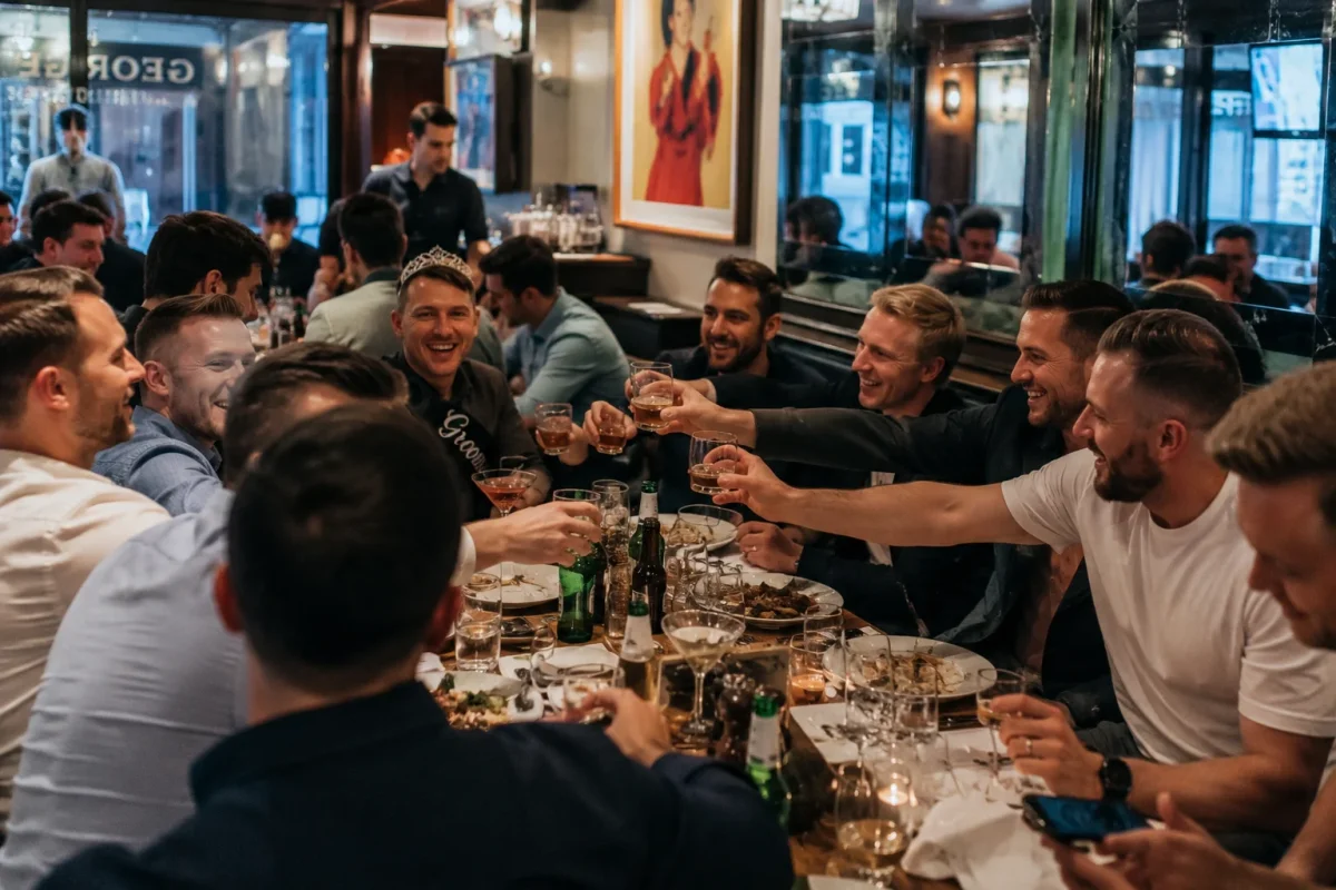 Stag do dinner in a busy London restaurant with a larger group, food, drinks and a real party atmosphere | Partyfer