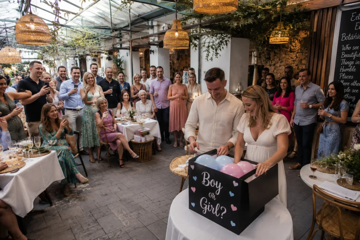 Bright, family-friendly gender reveal celebration in a colourful restaurant setting | Partyfer