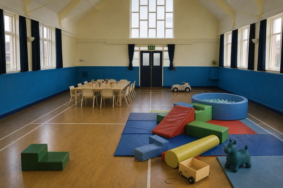 Party hall venue with a temporary soft play setup and a practical toddler party table | Partyfer