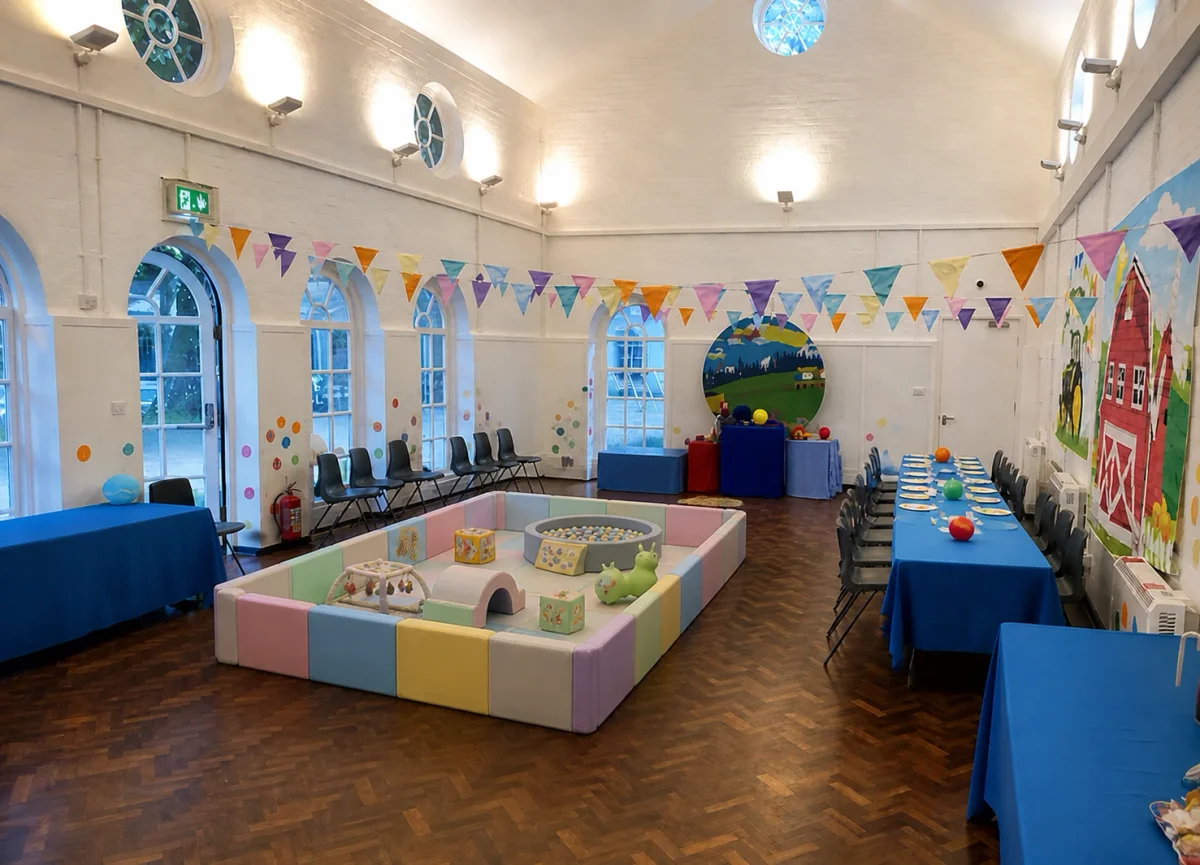 Temporary soft play area for babies inside a bright hall venue for a 1st birthday | Partyfer