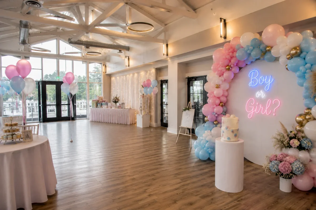Larger gender reveal venue setup with open floor space, cake table and decorative reveal backdrop | Partyfer