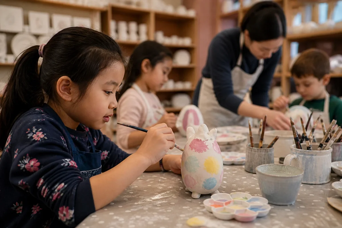 Pottery painting party with ceramic figures, colour palettes and guided studio help | Partyfer
