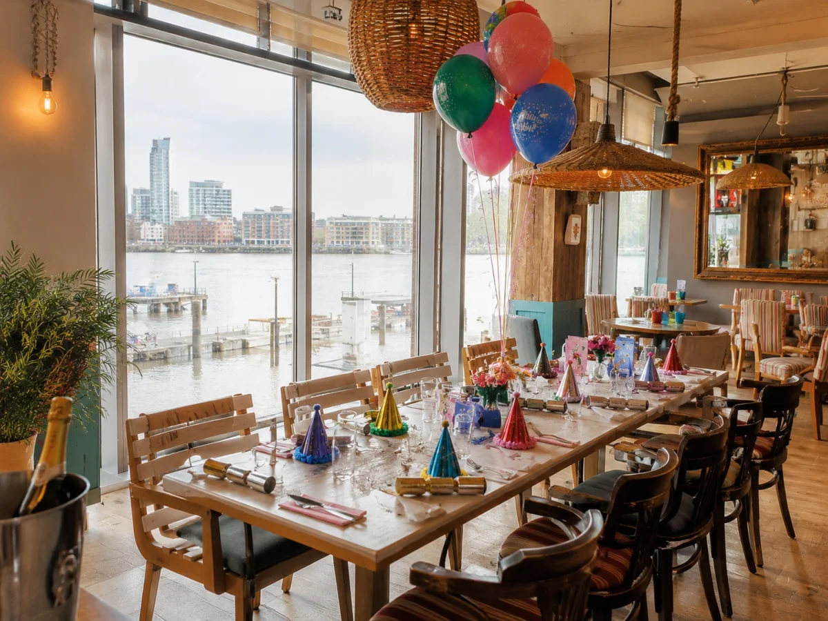 Riverside restaurant birthday table with casual food-led celebration setup | Partyfer
