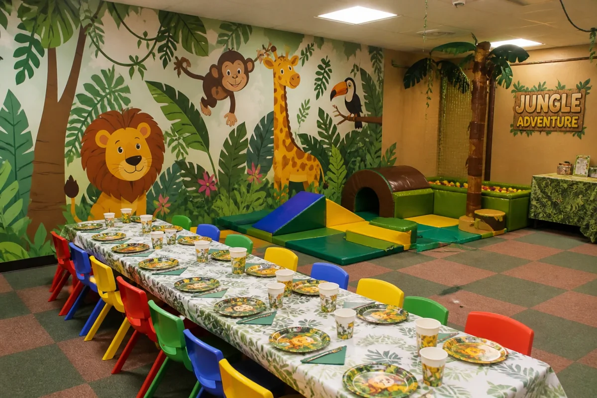 Jungle-themed party room with soft play, animal murals and colourful kids seating | Partyfer
