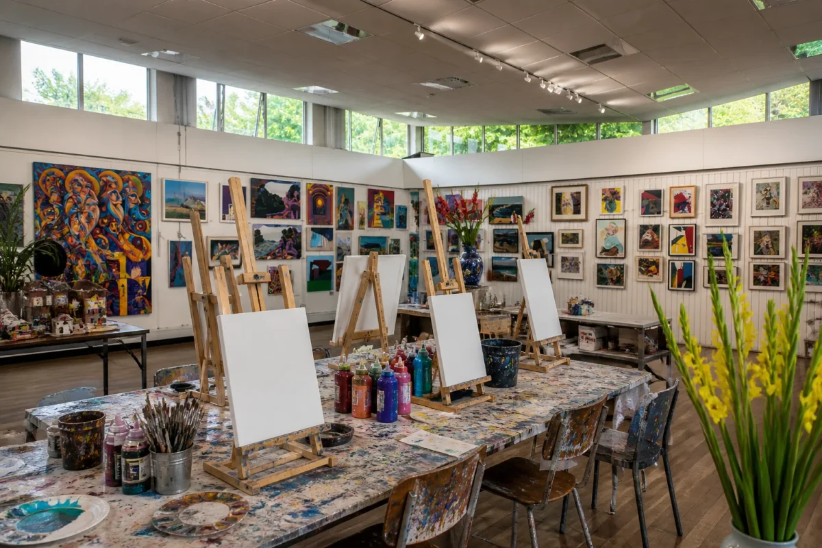 Studio-style art party space with easels, paint tables and gallery walls | Partyfer