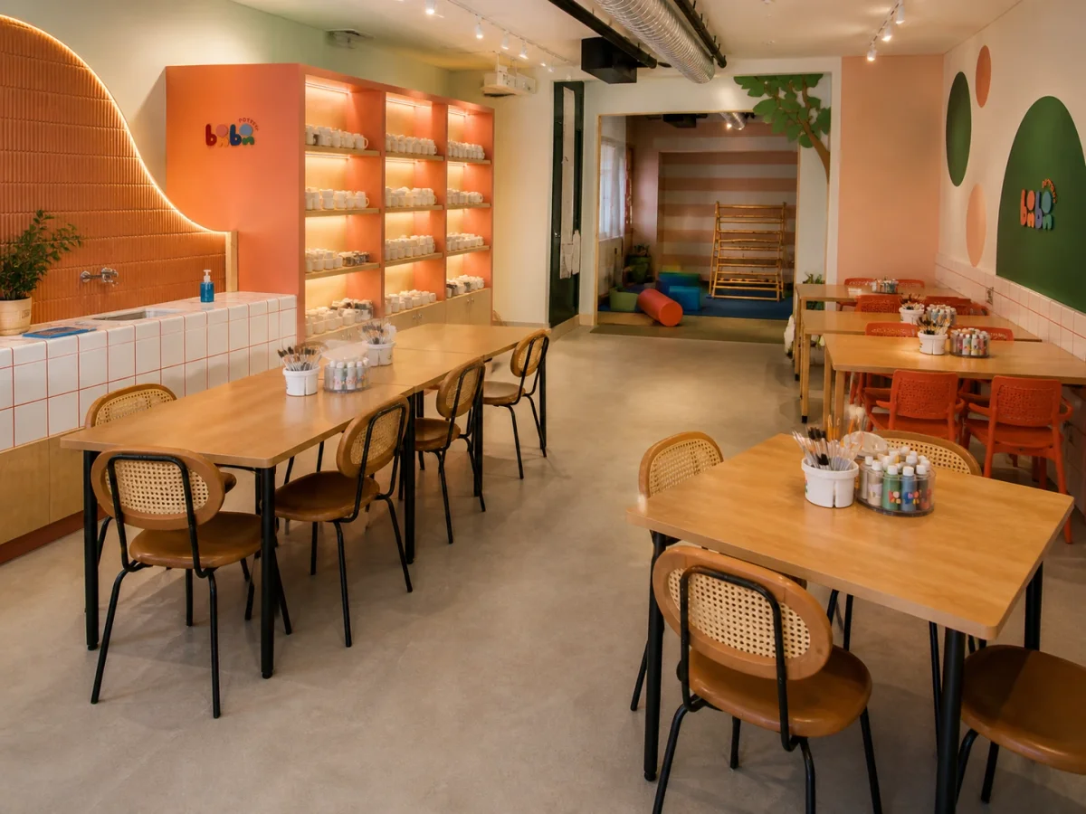 Creative pottery café setup with simple hands-on painting stations for toddlers who enjoy making things | Partyfer