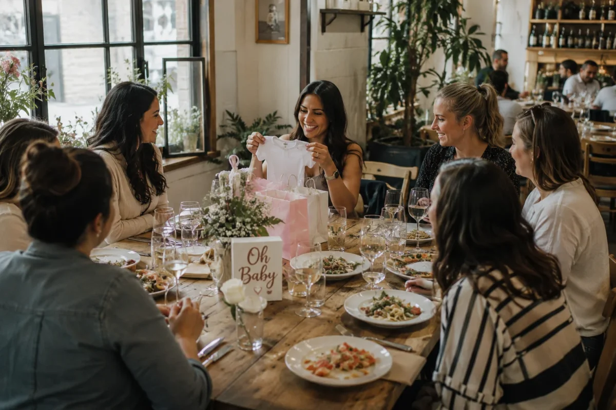 Relaxed baby shower restaurant package with food, gifts and a warm table setting | Partyfer