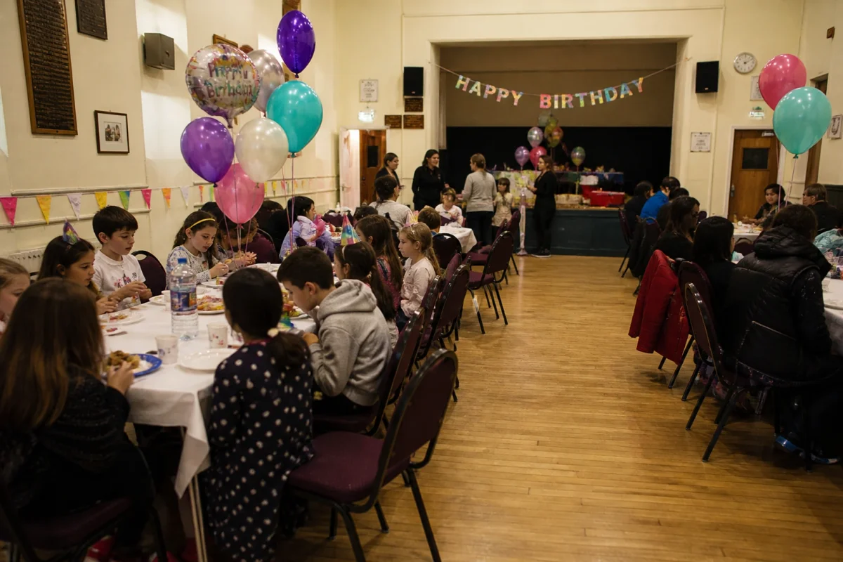 Community hall birthday setup in London with flexible space, catering, cake and simple party decorations | Partyfer