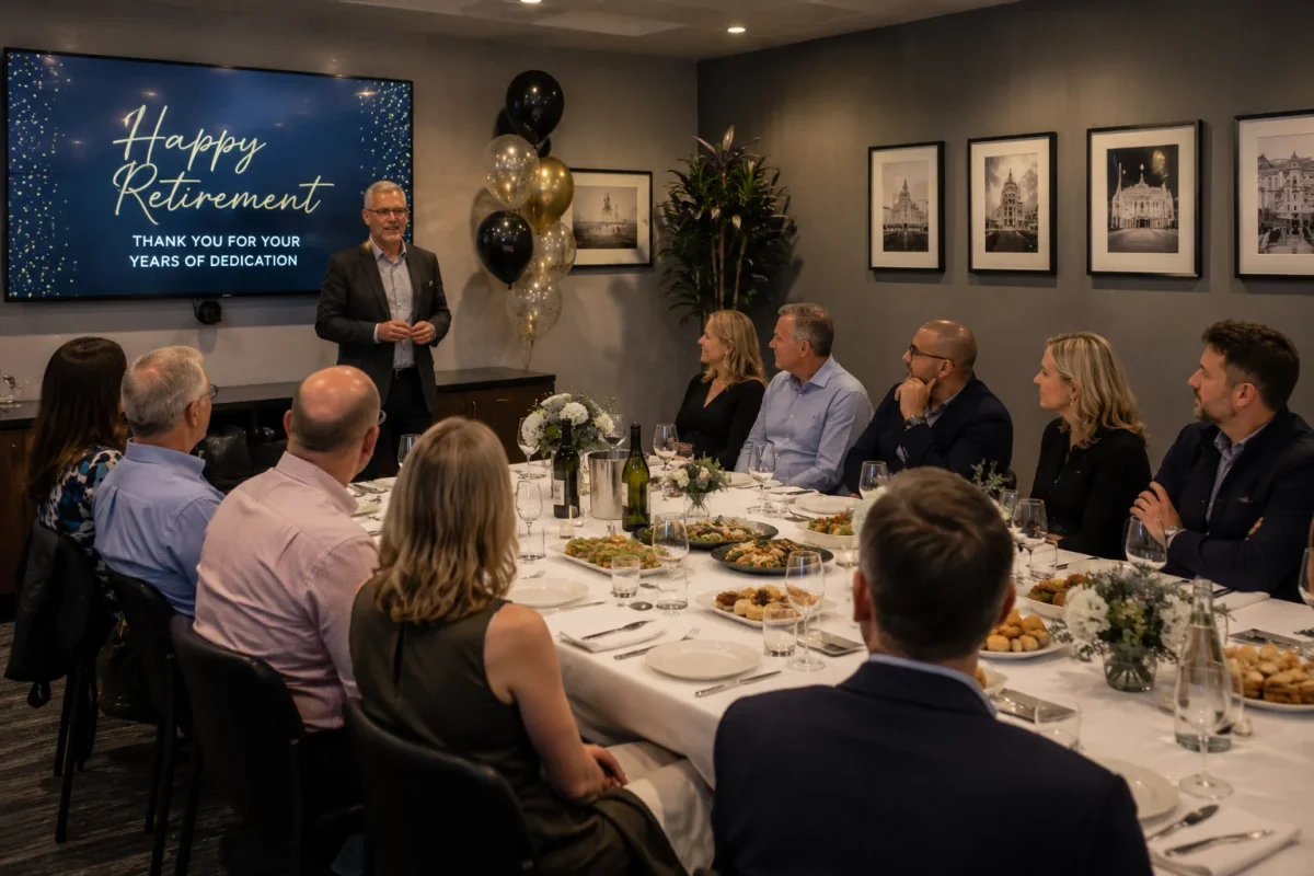 Private room retirement party with speeches and seated dining | Partyfer