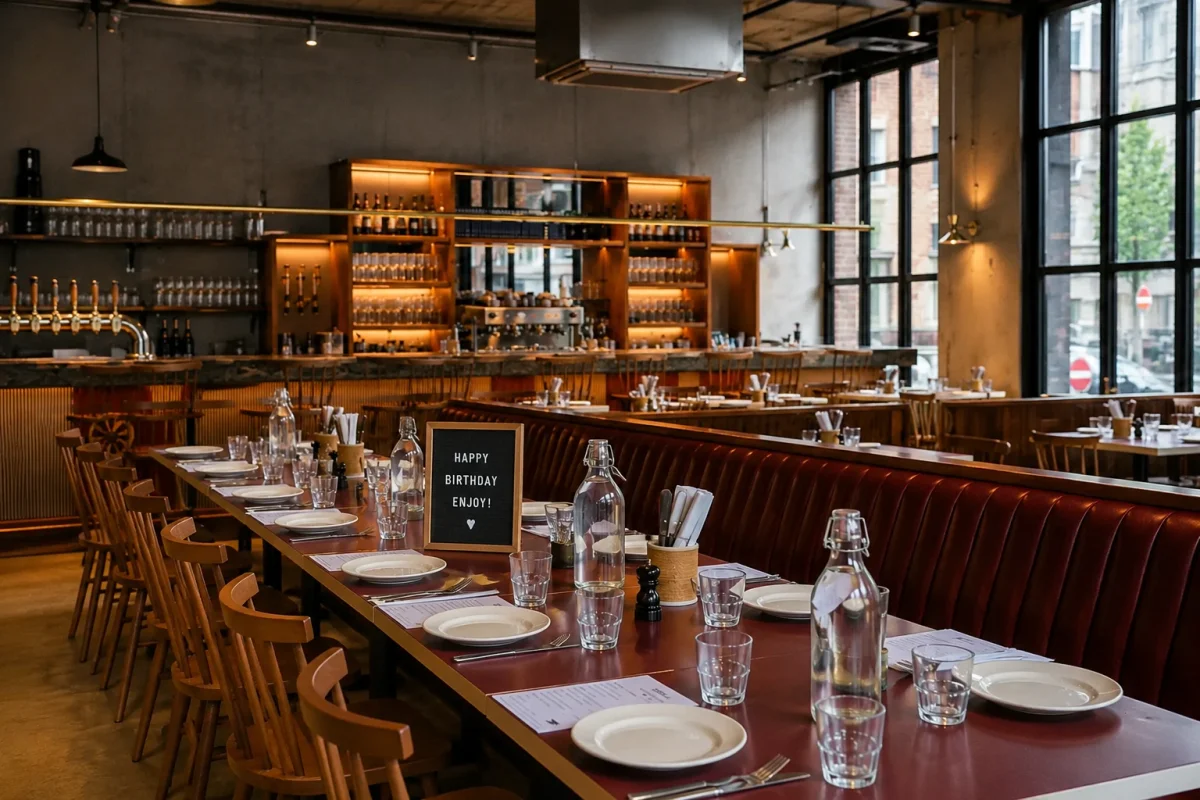 Casual Shoreditch restaurant birthday setting with long table, warm lighting and relaxed food-led atmosphere | Partyfer