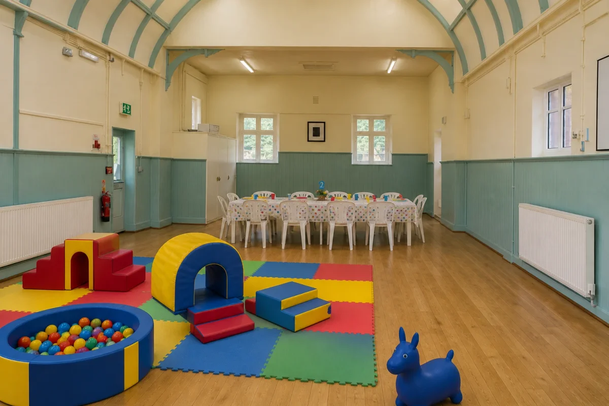 Party hall setup with a temporary soft play zone and budget-friendly party table for toddlers | Partyfer