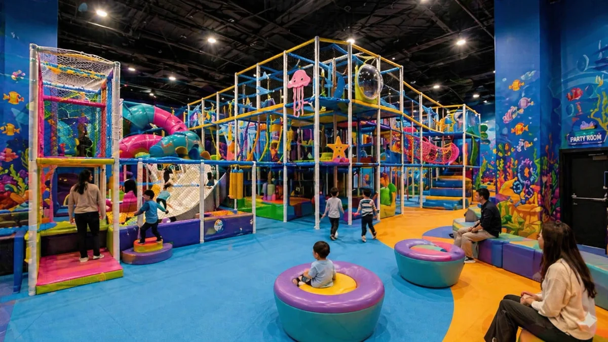 Large indoor soft play centre with a lively multi-level play structure | Partyfer