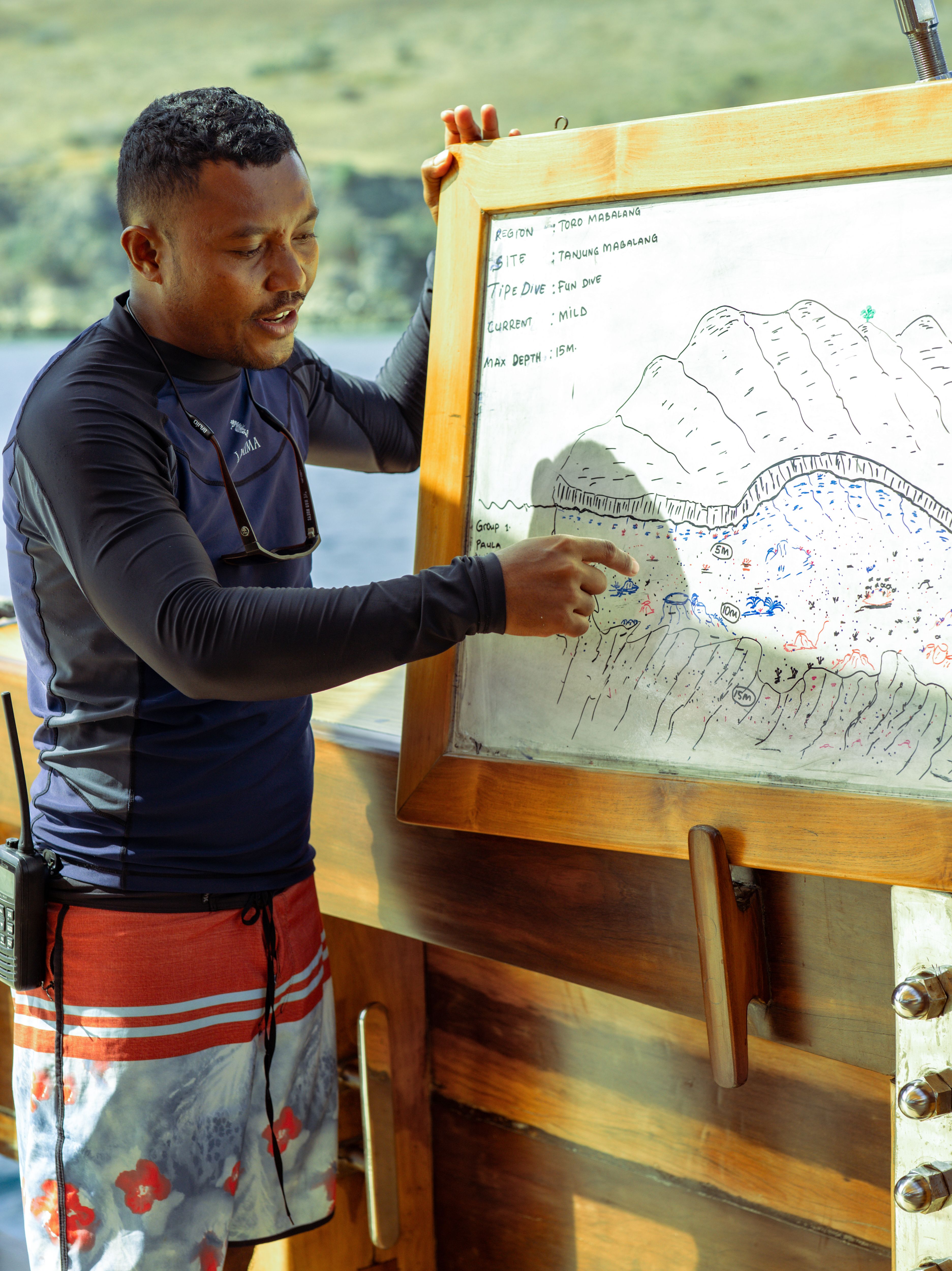 Dive master Martinus gives a dive briefing aboard Lamima