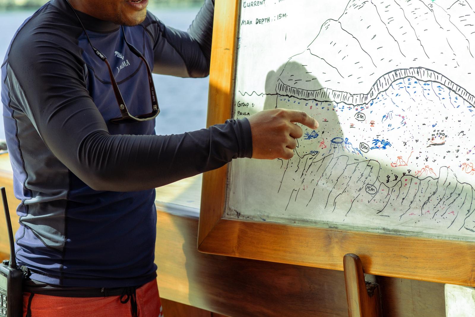 Dive master Martinus gives a dive briefing aboard Lamima