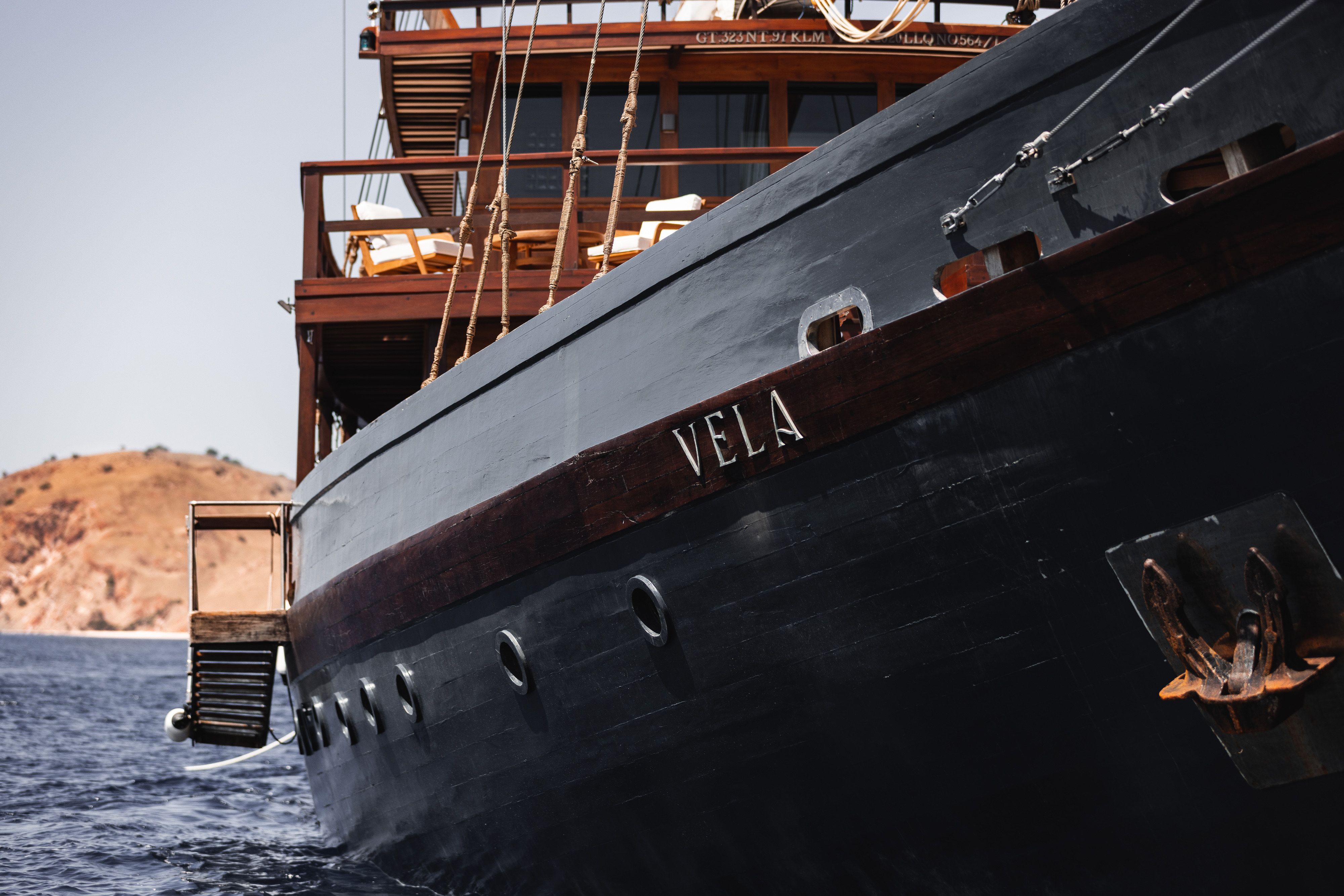 Vela's bow and boarding platform seen from the water