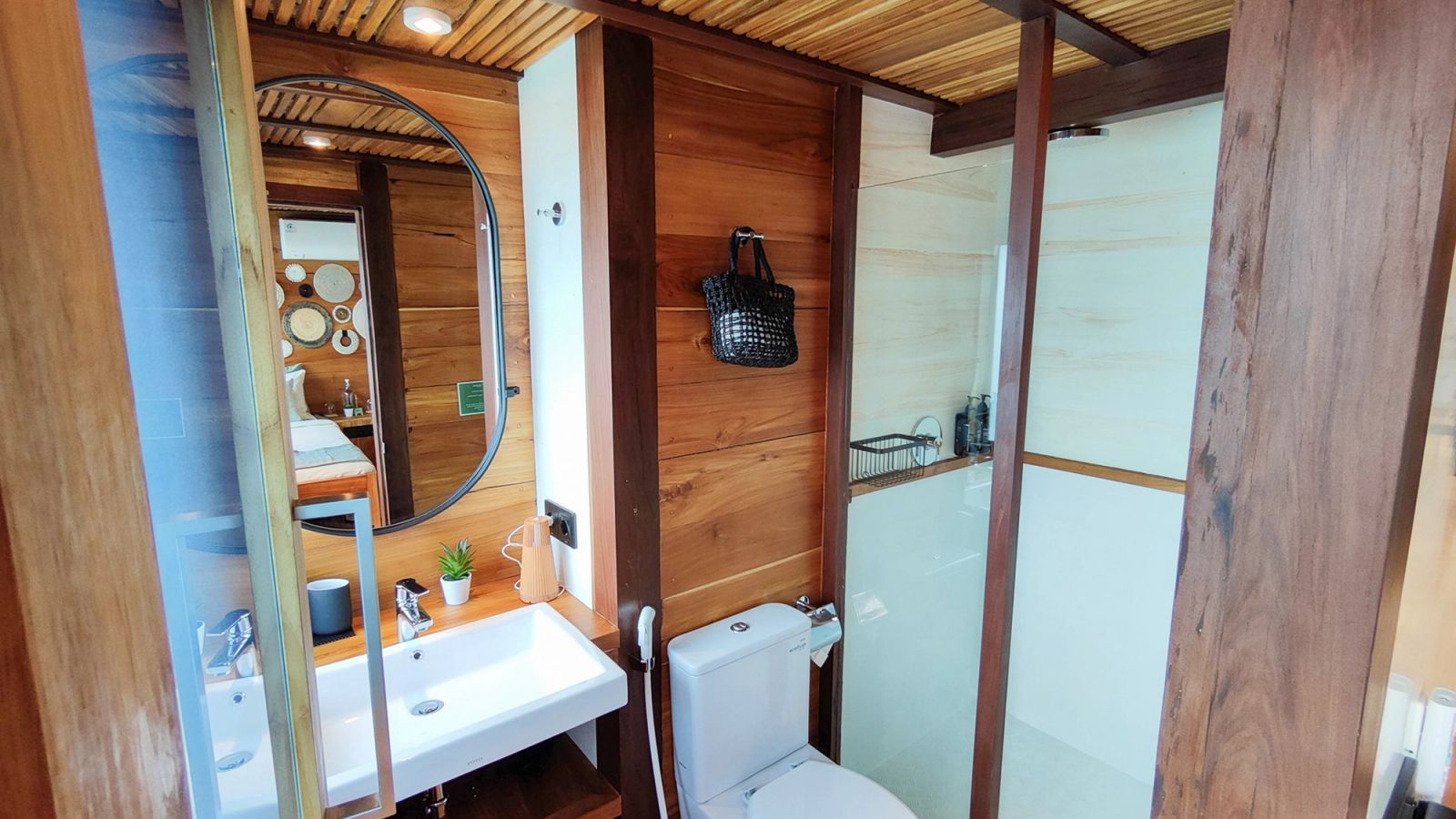 A guest bathroom on Siloina with a basin, toilet and glass shower.