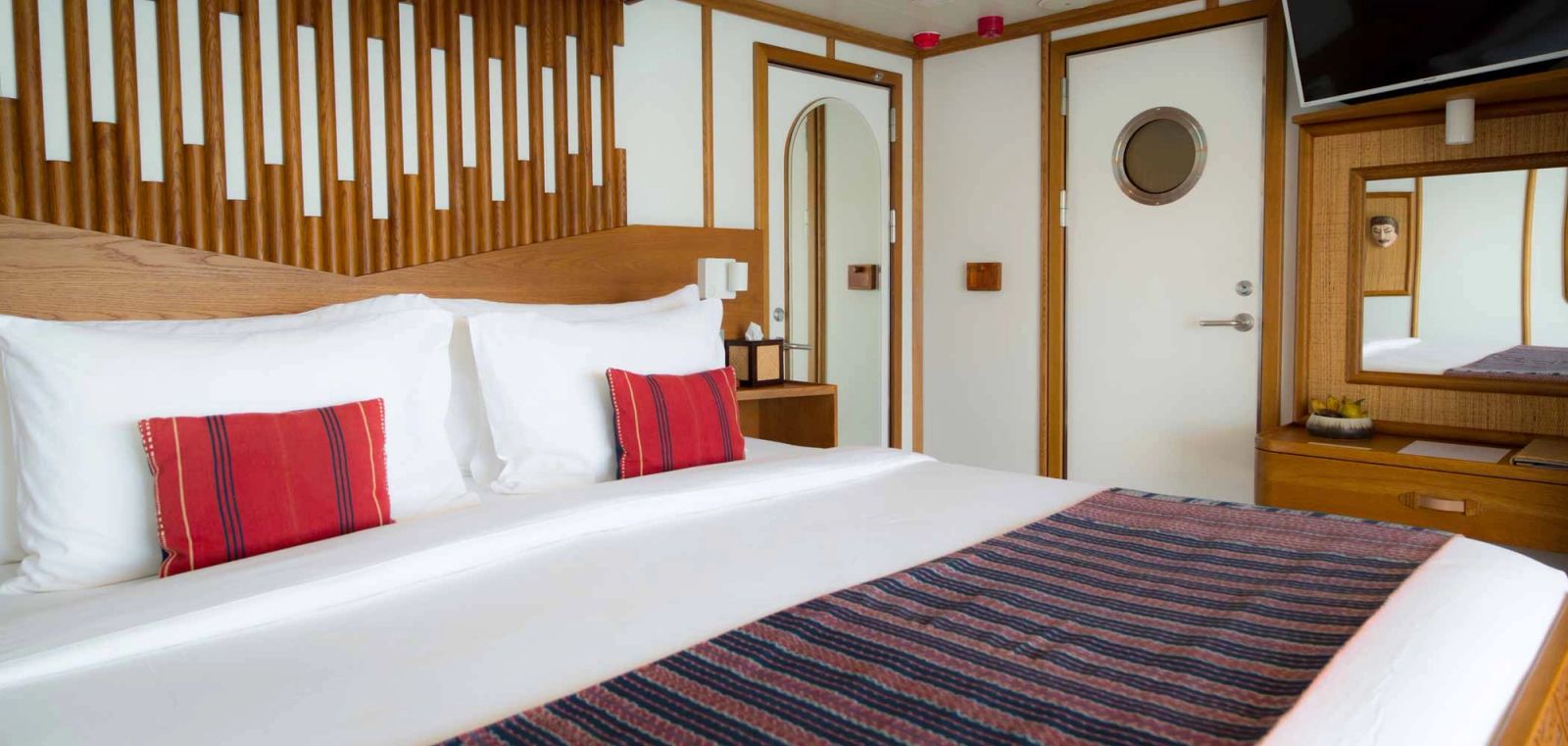 The cabin interior represents admiration of traditional Indonesian designs.