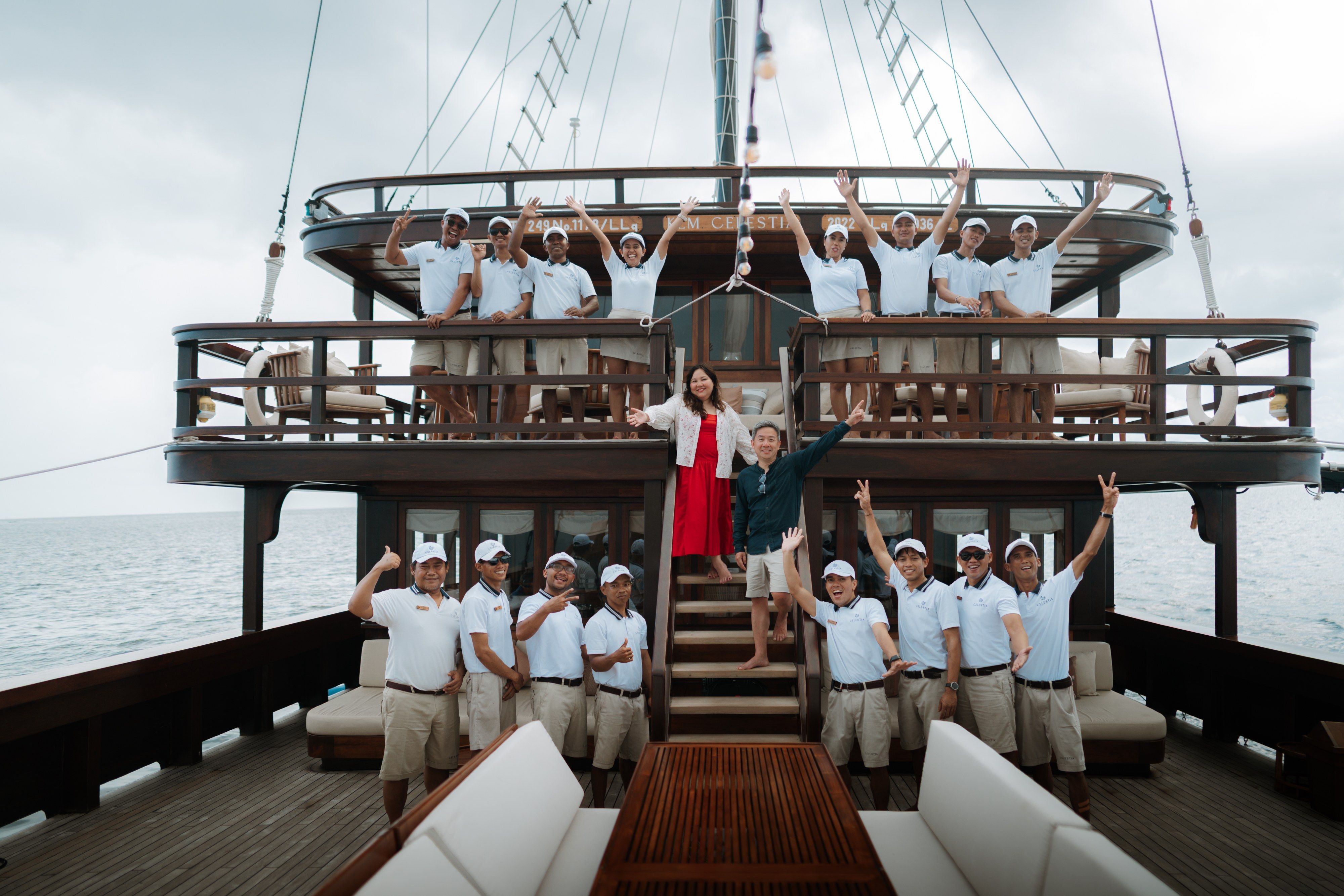 The crew lined up on deck. Gratuity goes straight to them.