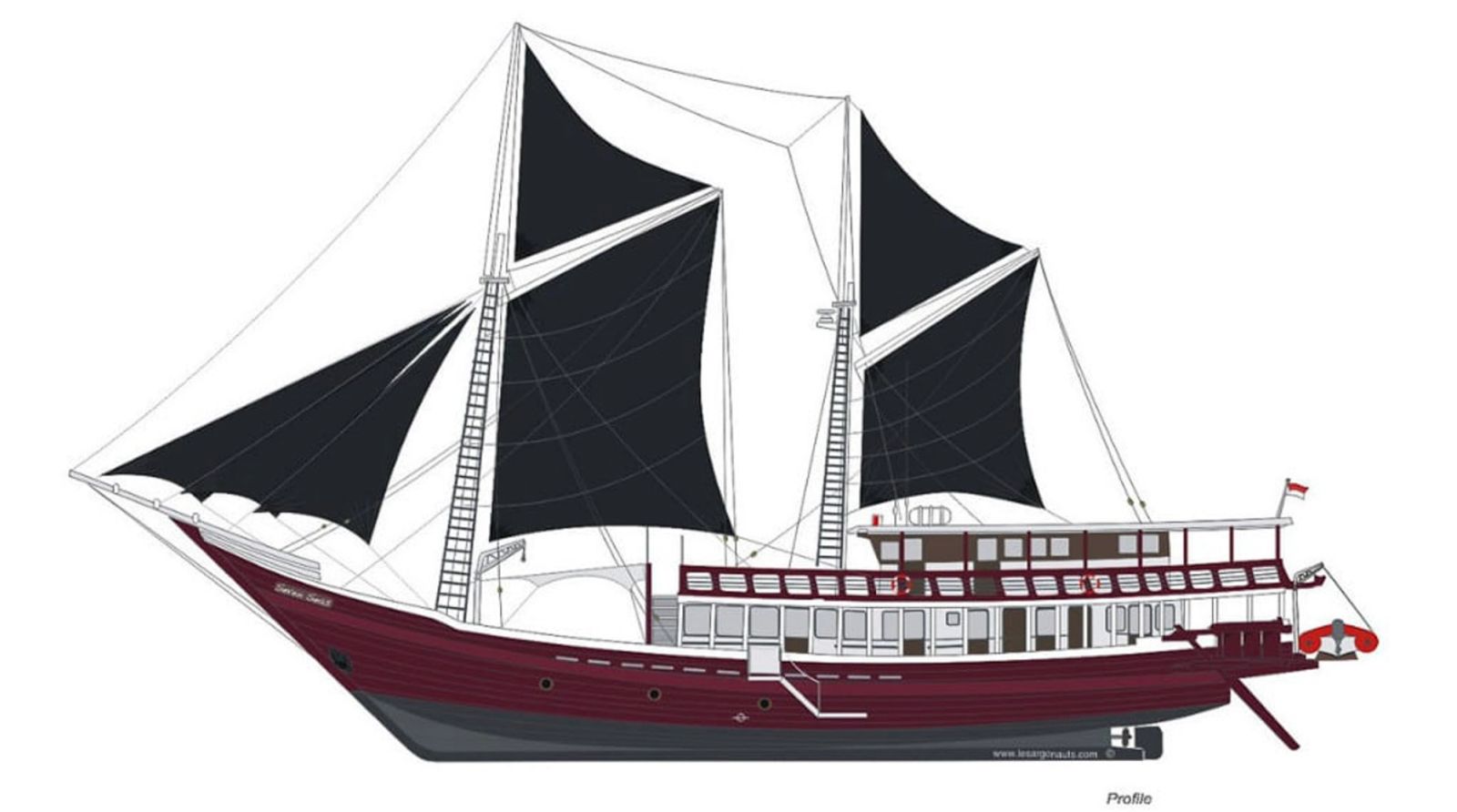 An illustrated profile of The Seven Seas under sail