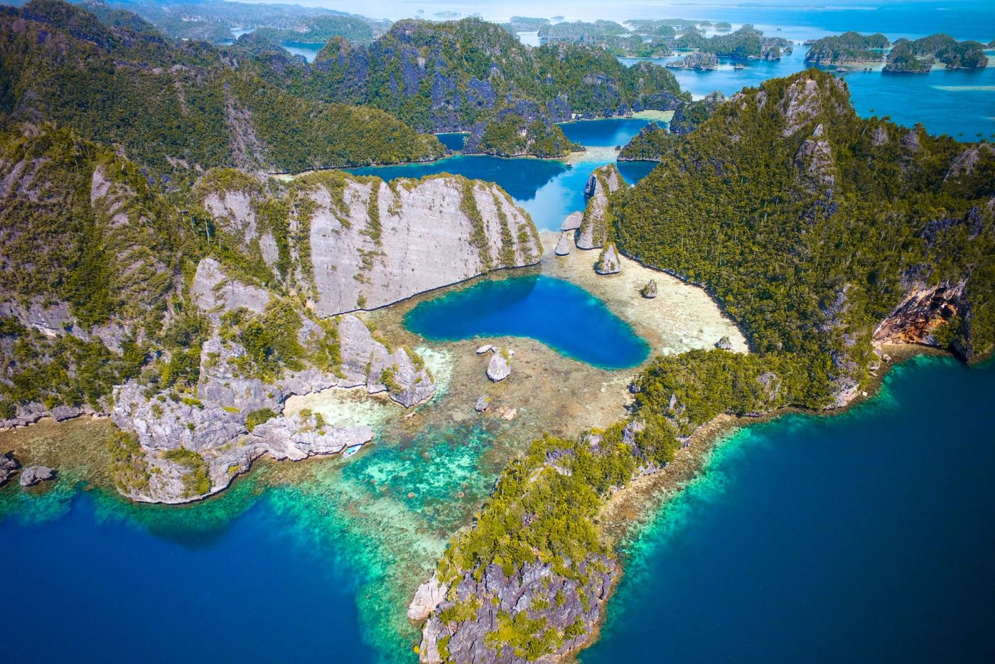 The karst lagoons of Piaynemo, Raja Ampat, from above