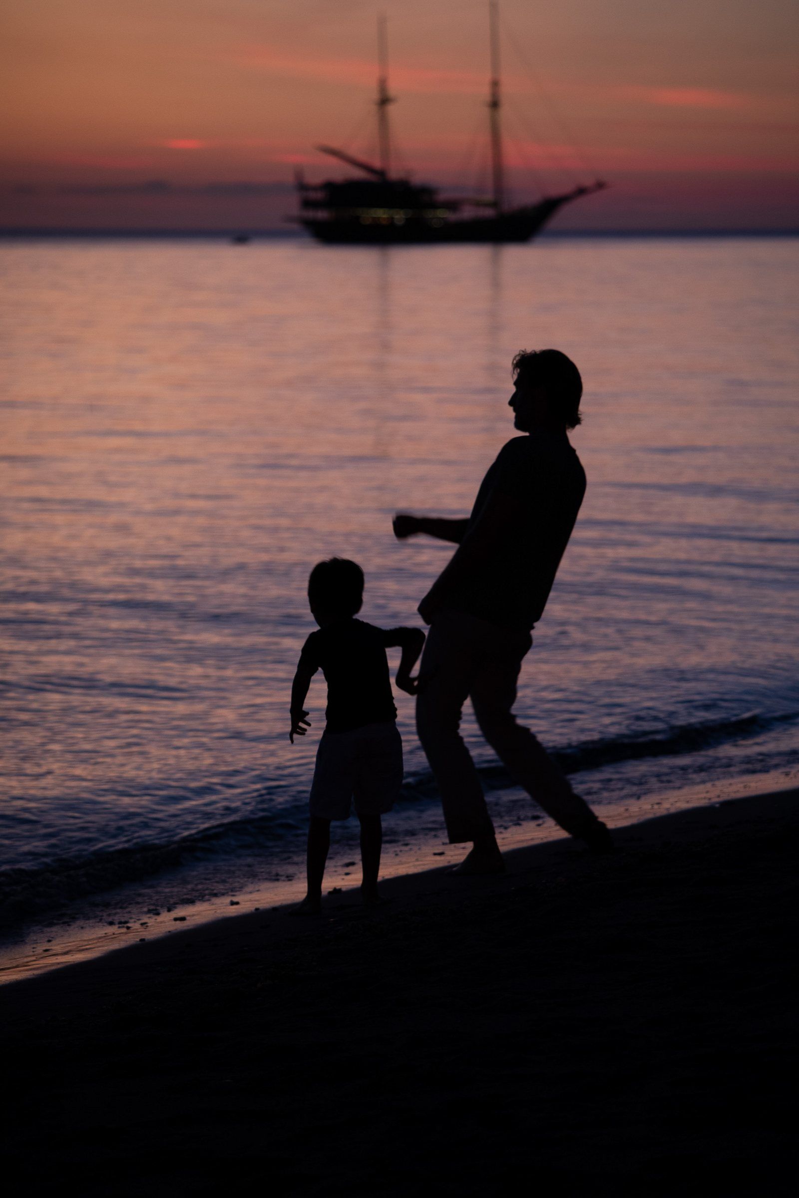 A father and child silhouetted on the beach at dusk