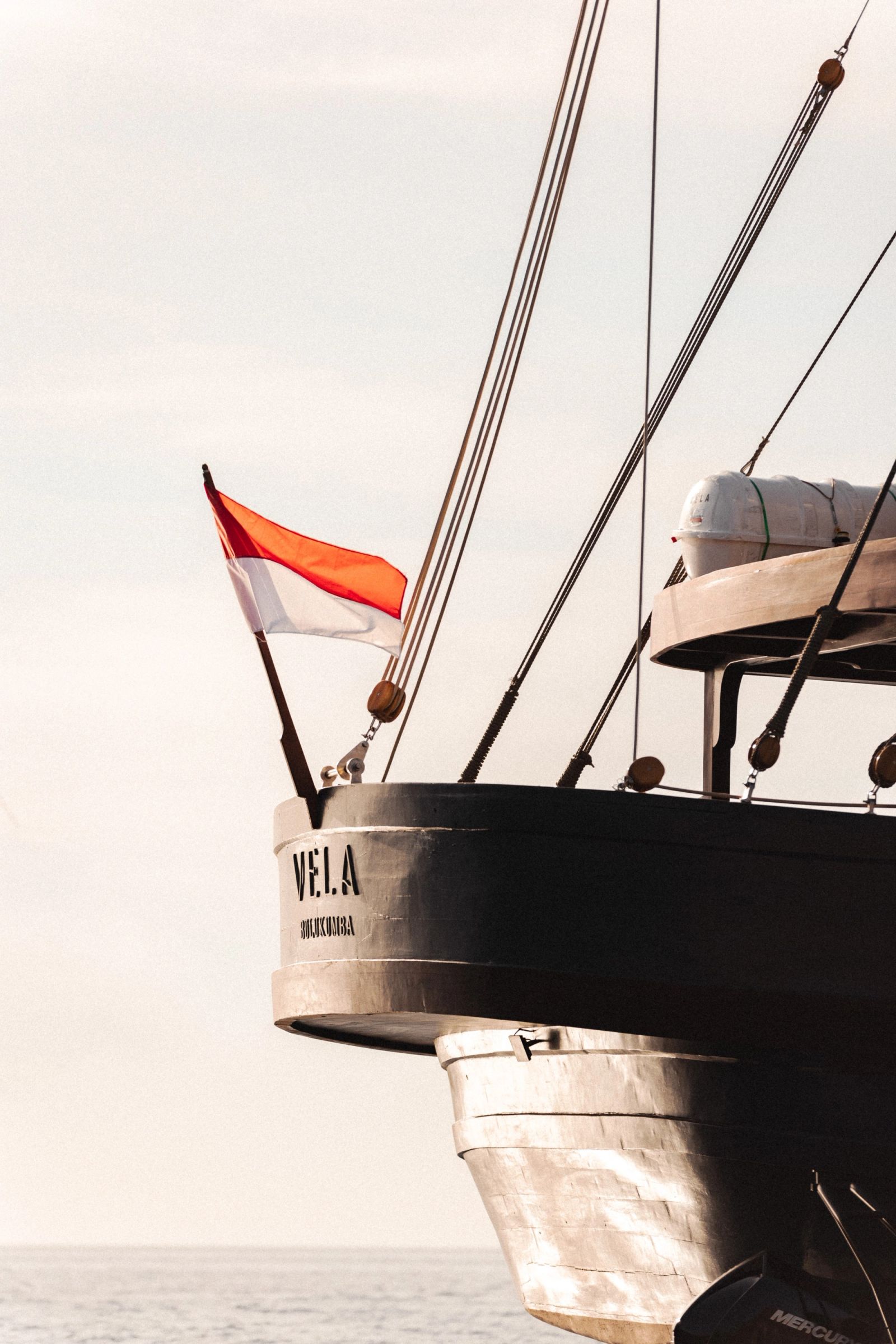 Vela's stern with her name, her port Bulukumba and the Indonesian flag