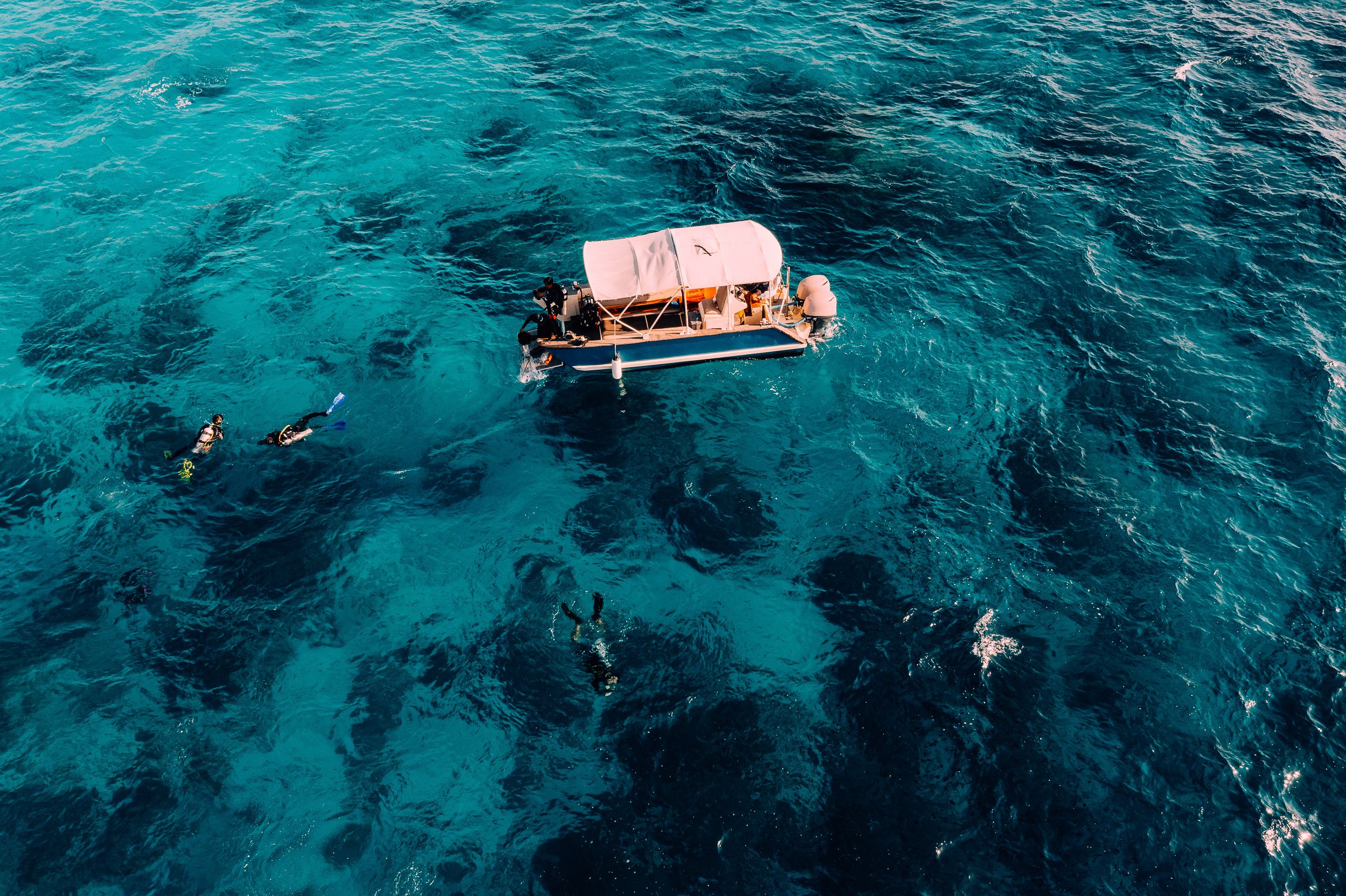 Snorkelers in turquoise water beside a tender, seen from above