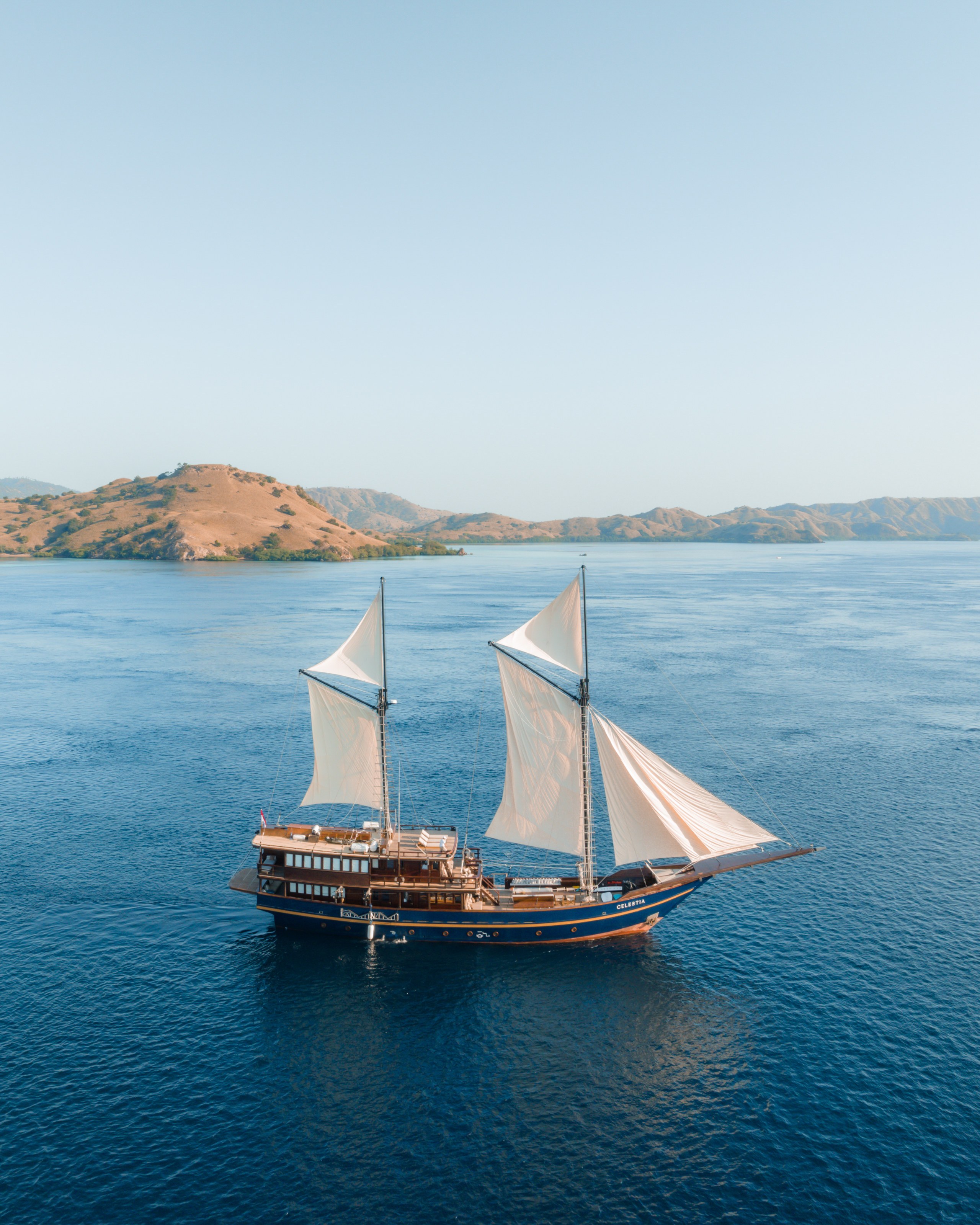 An aerial view of Celestia sailing on blue water with an island behind.
