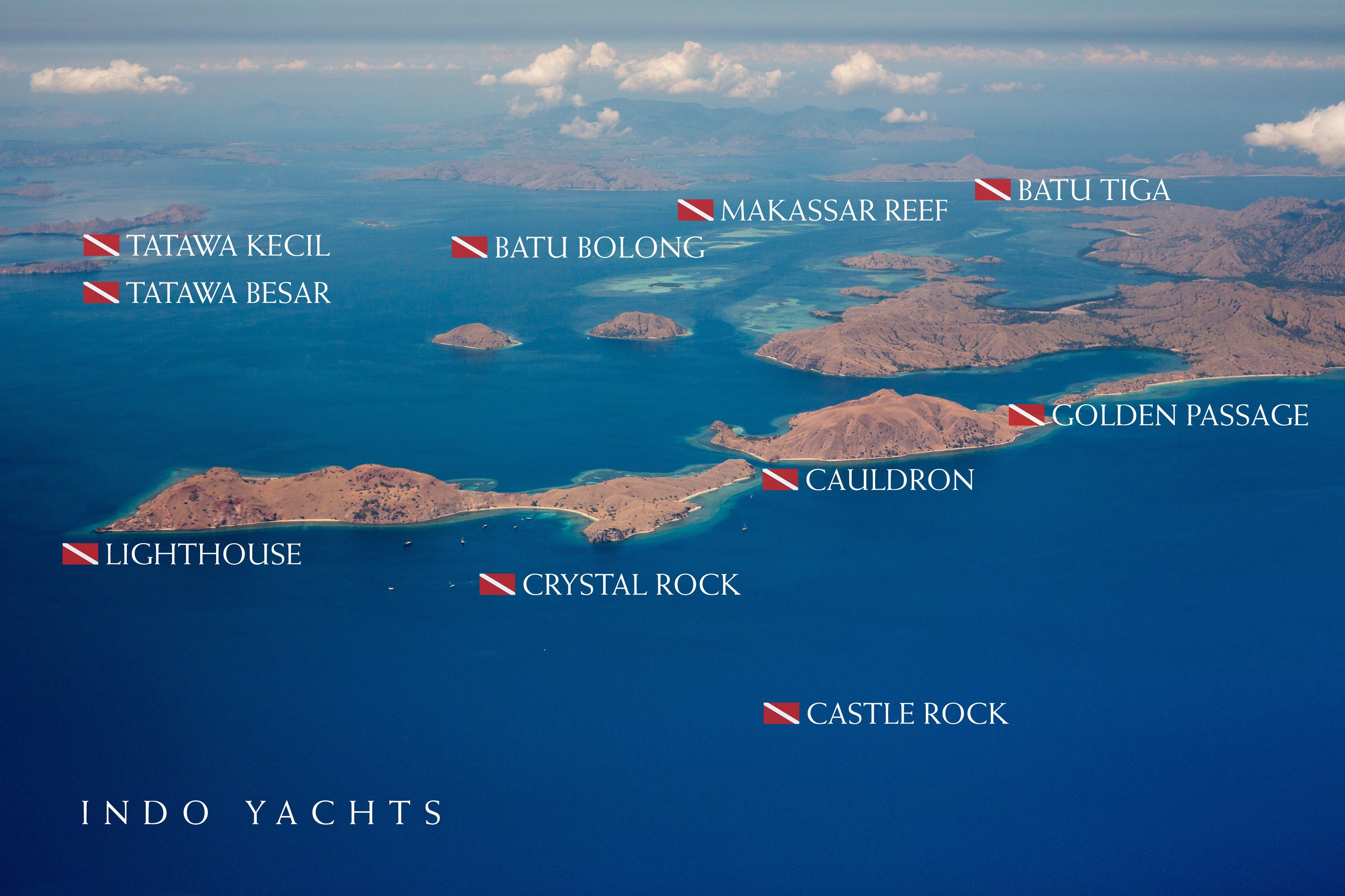 A Komodo dive map with the classic sites flagged, made by Nikko around 2012