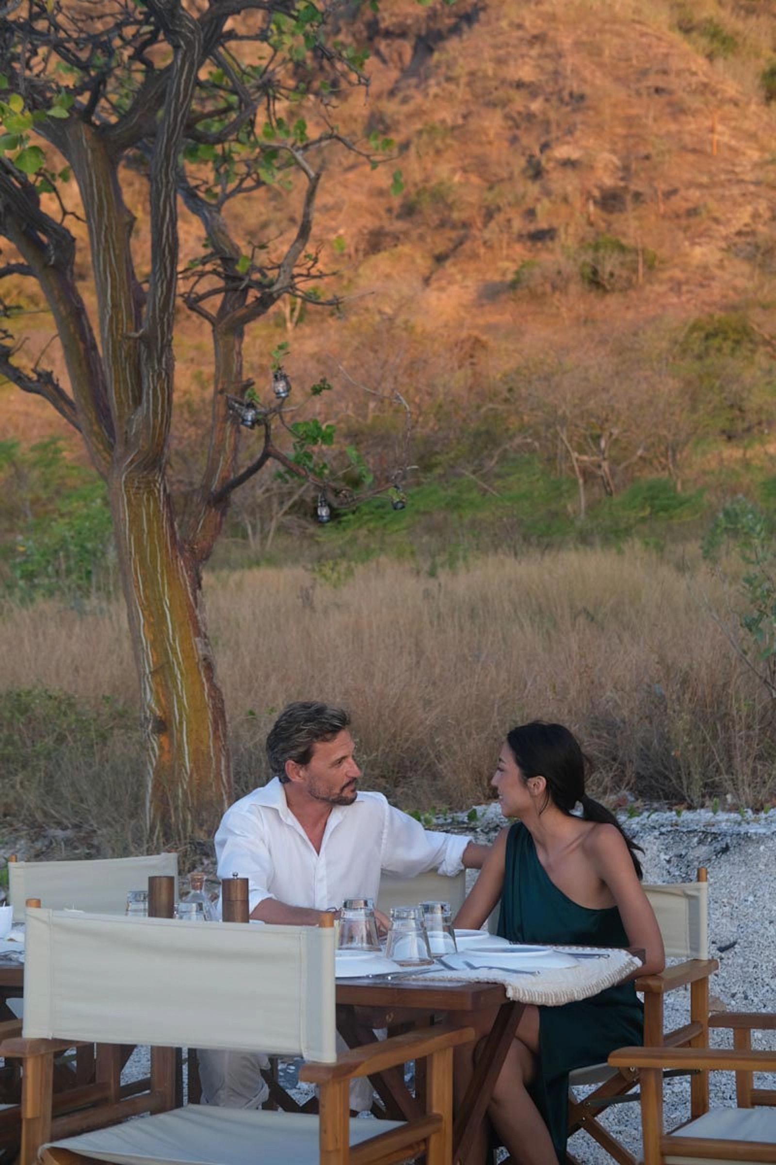A couple having dinner at a table beneath a tree on the beach.