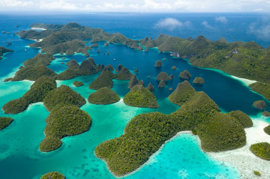 The karst islands and lagoons of Wayag from the air