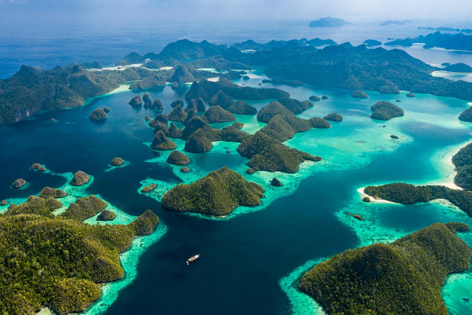The karst islands and lagoons of Raja Ampat from the air