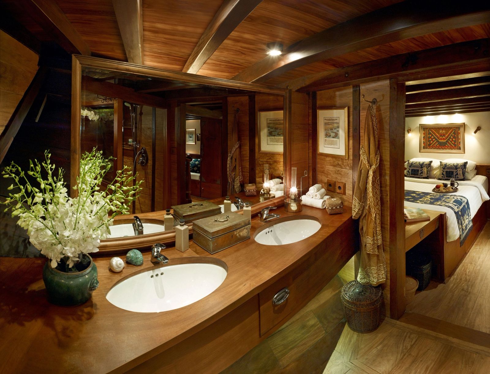 A carved teak bathroom aboard Si Datu Bua