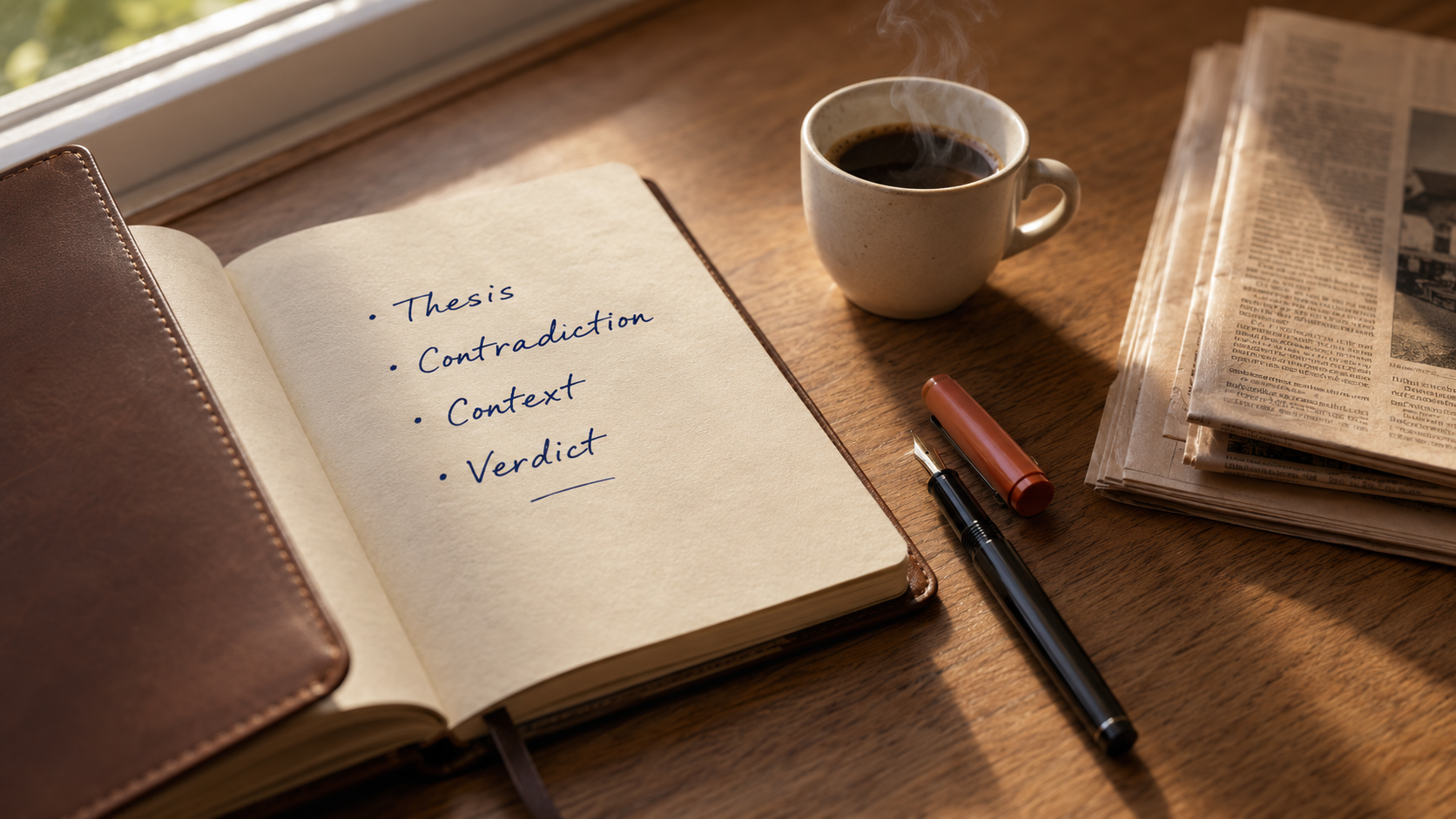 An open notebook with a pen on a workshop desk — the symbol of a thought-through decision before every trade.