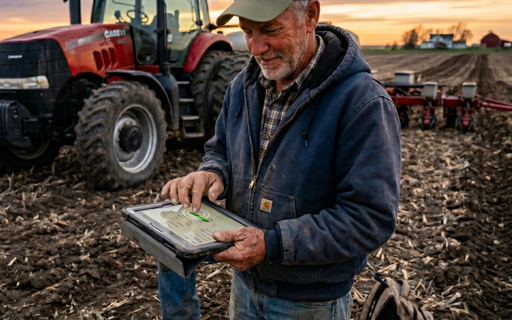 Farmer inputting data 