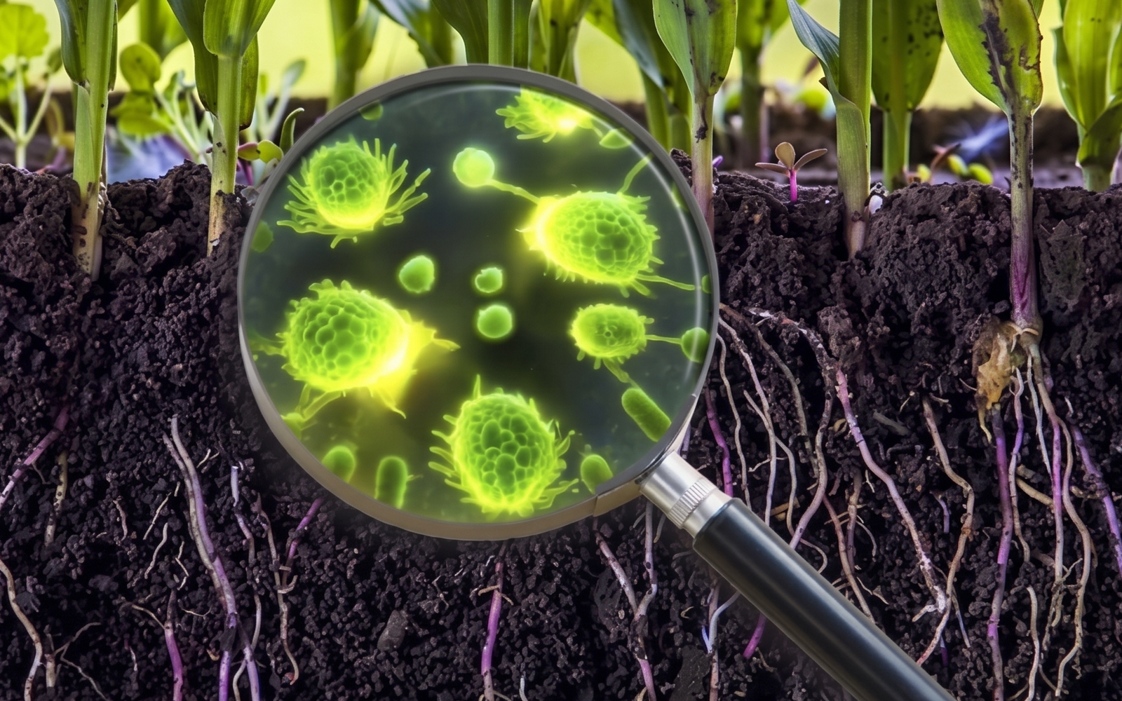 A magnifying glass is positioned over the soil