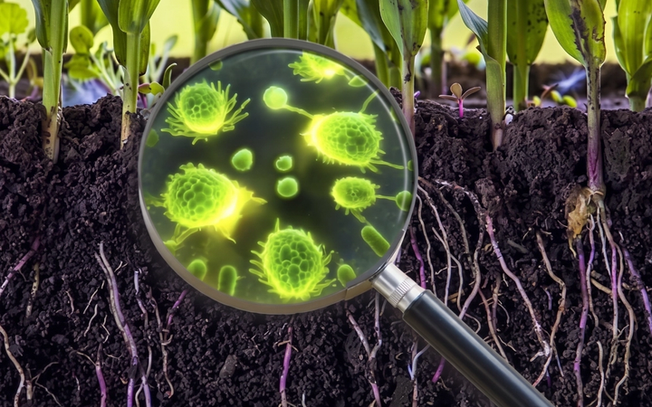 A magnifying glass is positioned over the soil