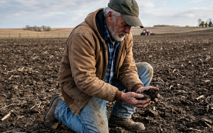 Farmer looking at his soils health