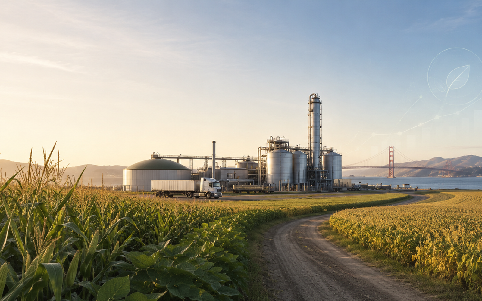 Corn and soybean fields lead toward a biofuel processing facility with a California bridge and skyline in the distance, suggesting sustainable grain’s role in low-carbon fuel markets.