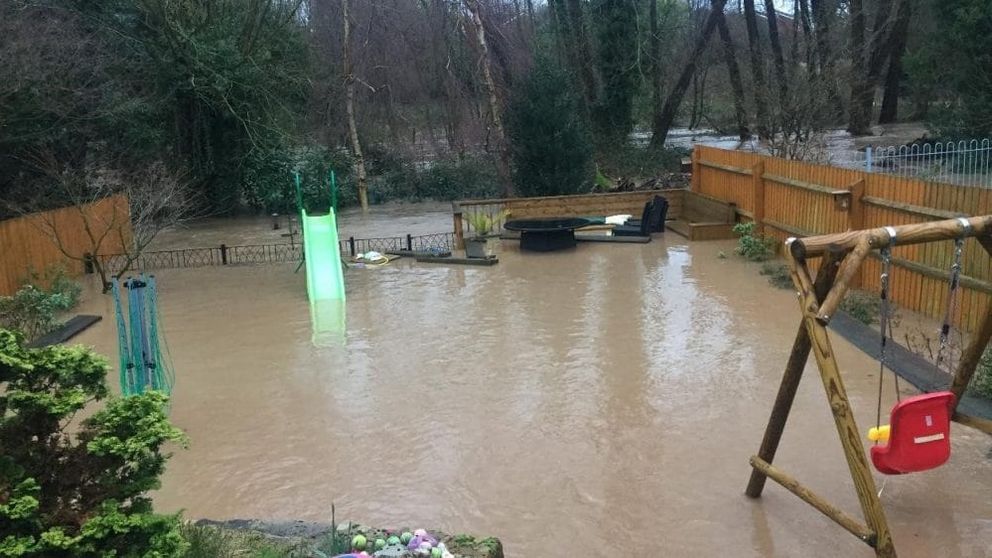 flooded garden in Derbyshire, UK