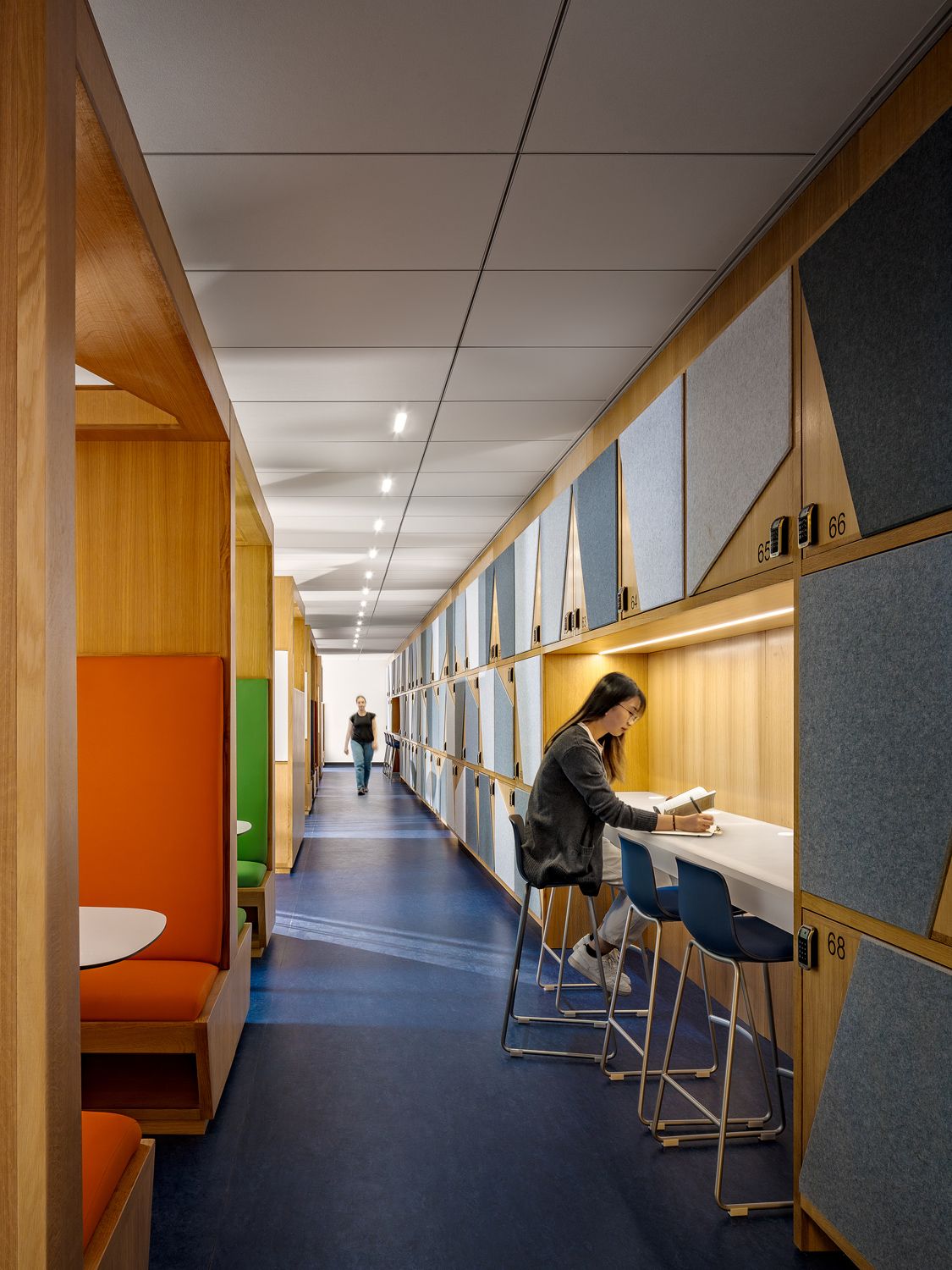 View of study bar embedded in wall of student lockers