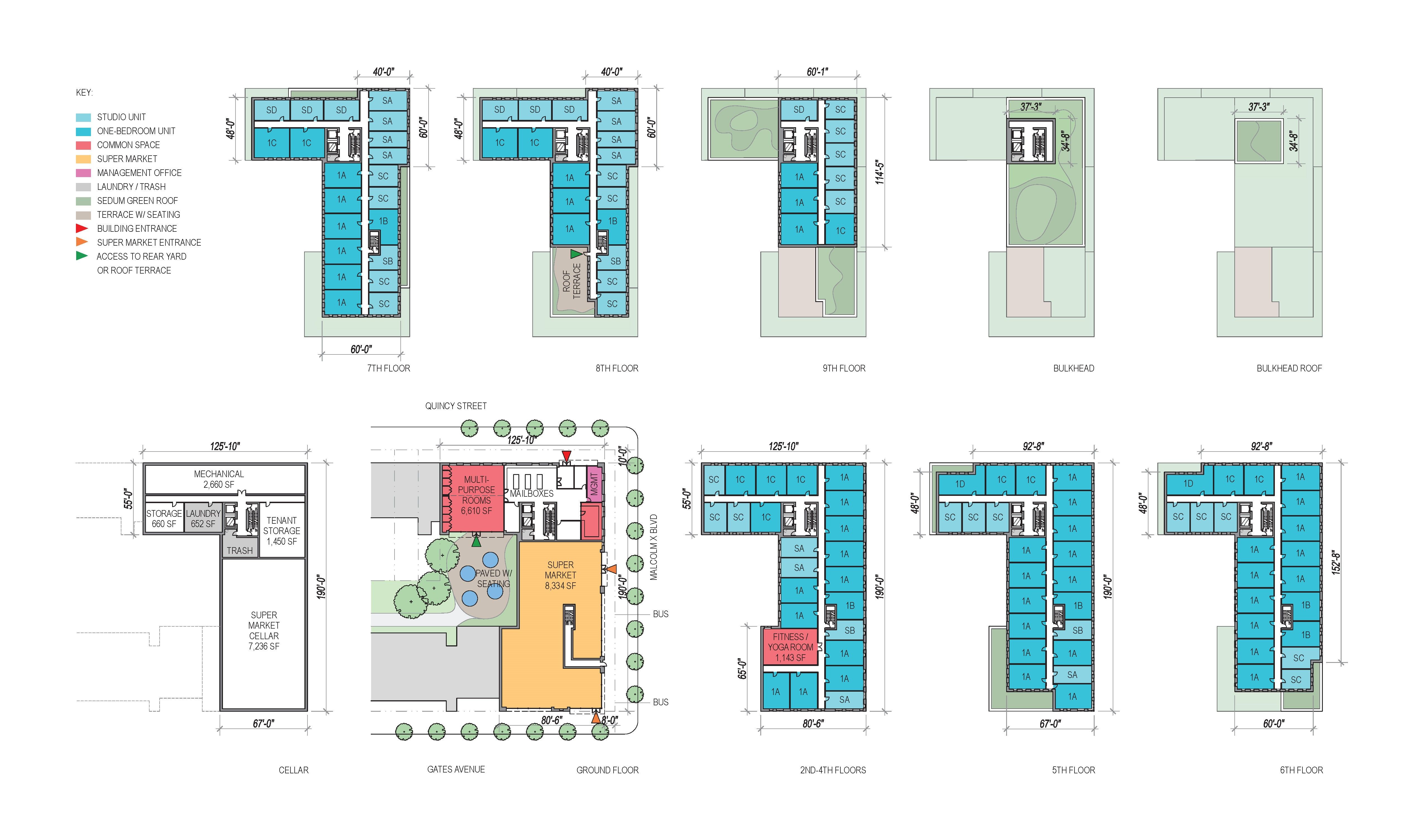 Stuyvesant Overlook floor plans with spaces colored by program